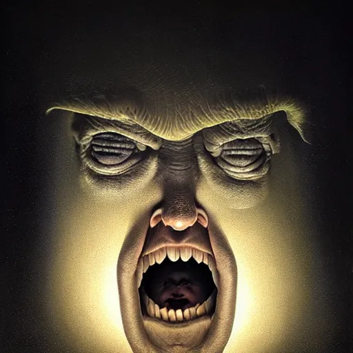 Prompt: donald trump face, peer into the depths of the endless cosmic void, shine a light on your darkest terror. by anton semenov, hyperrealistic photorealism acrylic on canvas