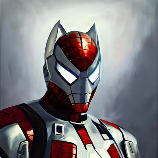 Image similar to greg manchess portrait painting of armored spiderman ultraman grey fox from metal gear cyborg gay japanese - american hybrid as overwatch character, medium shot, asymmetrical, profile picture, organic painting, sunny day, matte painting, bold shapes, hard edges, street art, trending on artstation, by huang guangjian and ail elvgren and sachin teng