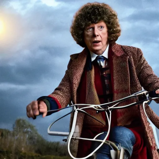 Prompt: film still of Tom Baker as The Fourth Doctor riding a bike in new Doctor who movie, 4k