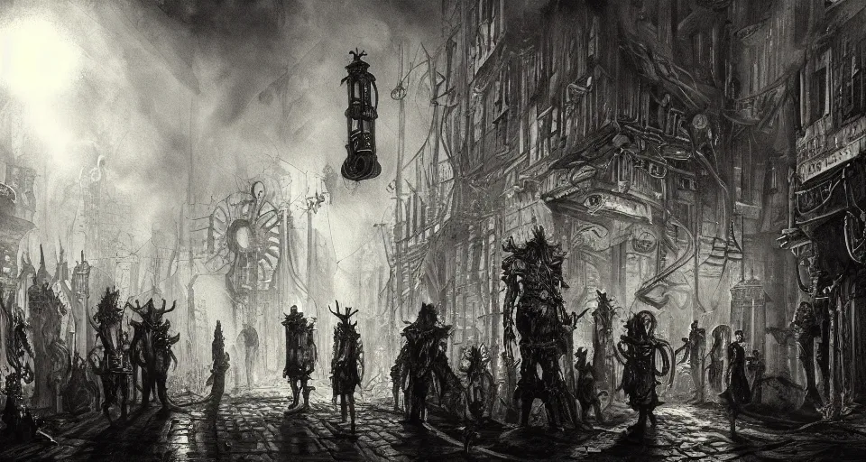 Image similar to a beautifully horrific ultra - detailed lovecraftian painting of steampunk demons gathered in the night time alleyway, illuminated by volumetric lighting, in the style of francisco goya, trending on artstation