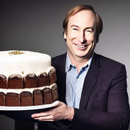 Prompt: bob odenkirk, smiling, holding a birthday cake, studio photograph, cinematic lighting