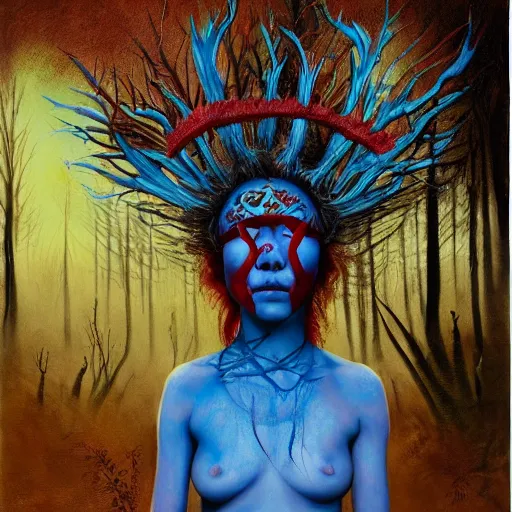 Image similar to A young blindfolded shaman woman with a decorated headband from which blood flows, blue hair and wood on her head. The background is a forest on fire, made by Esao Andrews and Karol Bak and Zdzislaw Beksinski