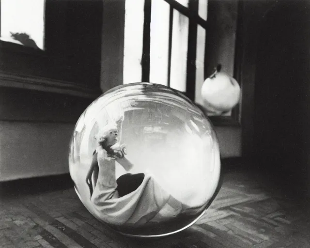 Prompt: Sergio Larraín photograph of woman in glass sphere, criterion collection, 1930, claude cahun