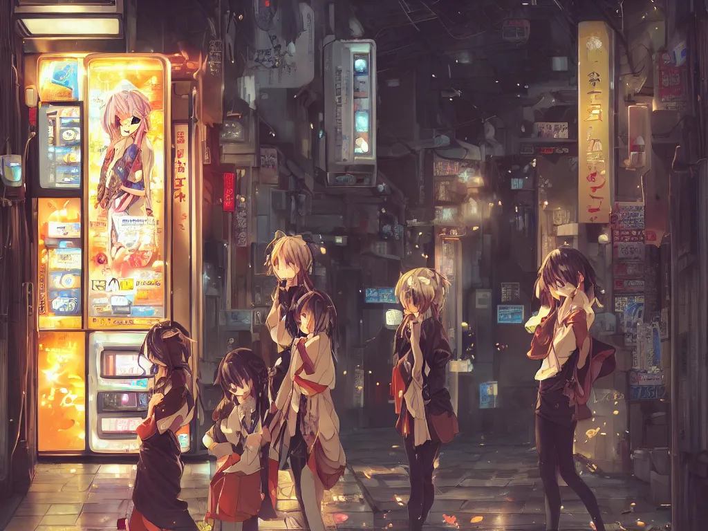 Image similar to Two beautiful anime girls, standing in front of a vending machine outside of a Japanese convenience store, in narrow Tokyo alleyway, beautiful light and shadows, D&D, fantasy, highly detailed, digital painting, artstation, concept art, sharp focus, illustration, in style of GUWEIZ and WLOP and NIXEU