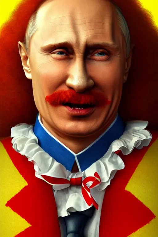 Image similar to vladimir putin as ronald mcdonald, 2 d portrait, symmetrical, highly detailed, digital painting, artstation, concept art, smooth, sharp focus, illustration, cinematic lighting, art by artgerm and greg rutkowski and alphonse mucha