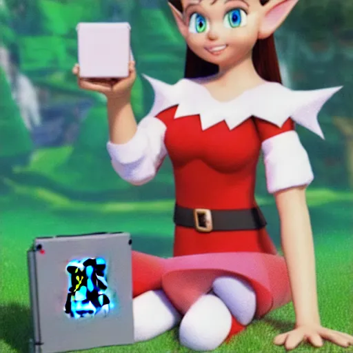 Elf girl from a magical world playing a Nintendo Switch