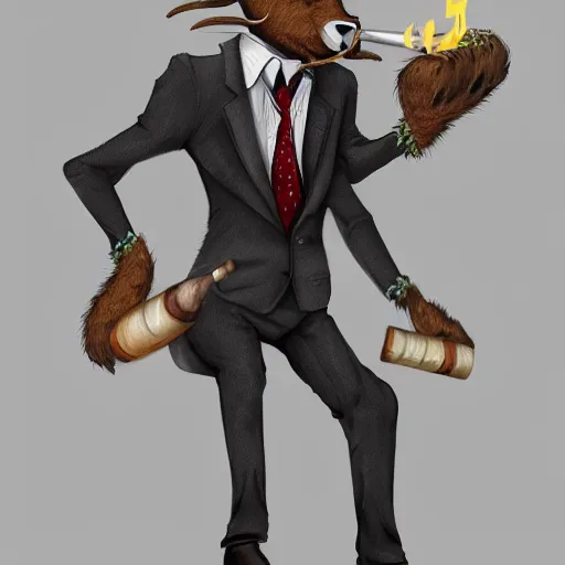 Image similar to award winning character art commission of an anthro furry humanoid goat smoking a cigar, three piece suit, character concept design, painting, detailed, vivid, trending on artstation