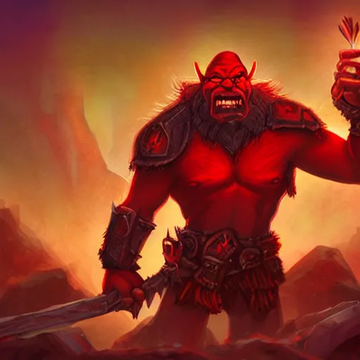 Image similar to red orc warrior, red theme lighting, battlefield background, in hearthstone art style, epic fantasy style art, fantasy epic digital art, epic fantasy card game art