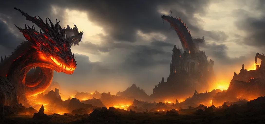 Image similar to giant glowing dragon breathing fire perched on a crumbling hillside of a gothic city in ruins at night, dramatic clouds, glowing fog, dramatic lighting, ultra detailed, sharp, ambient occlusion, raytracing, by greg rutowski, paul chadeisson and jessica rossier