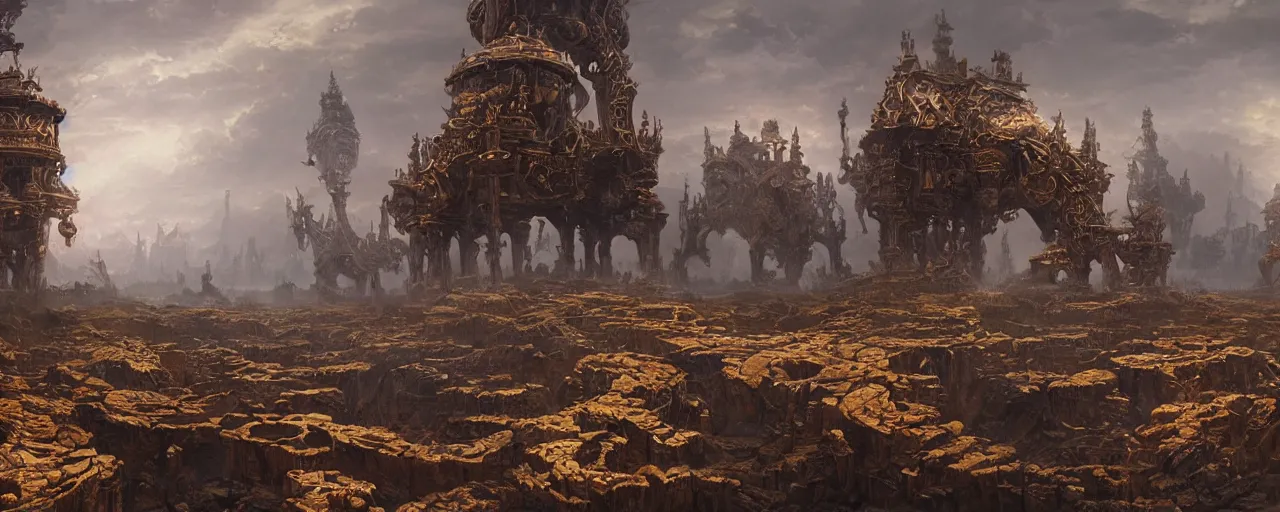 Image similar to otherwordly landscape with ground made of an ornate bronze gear mechanism, [ cinematic, detailed, epic, widescreen, opening, establishing, mattepainting, photorealistic, 4 k, octane render, art by greg rutkowski ]