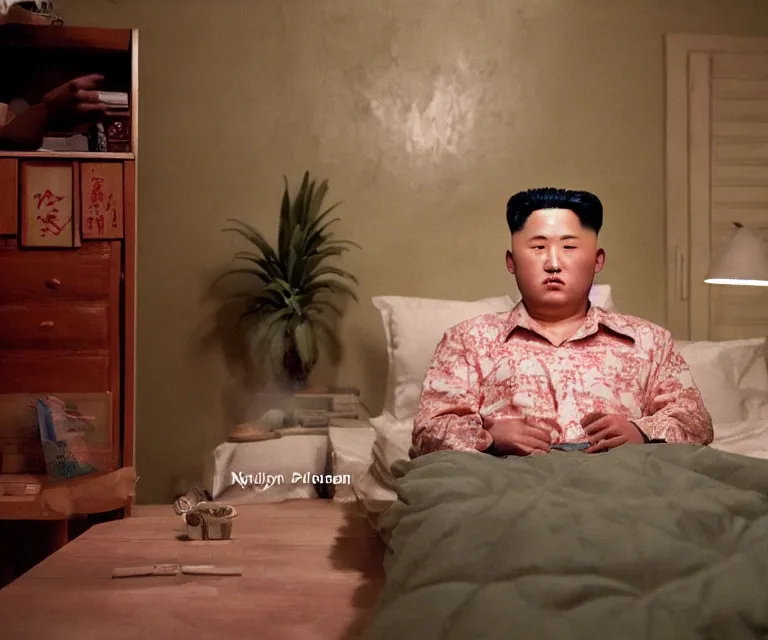 Image similar to hyperralism pineapple express movie still photography of detailed north korean kim chen with detailed face smoking weed in basement bedroom photography by araki nobuyoshi