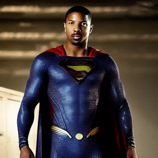 Image similar to michael b jordan as superman. realistic. high detail.