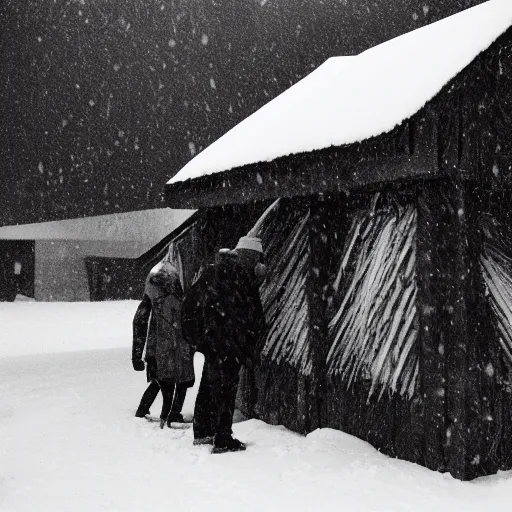 Image similar to a group of people is stuck in a hut while outside there’s a strong snowstorm, cinematic, movie still, film, movie, 35mm, award winning photography