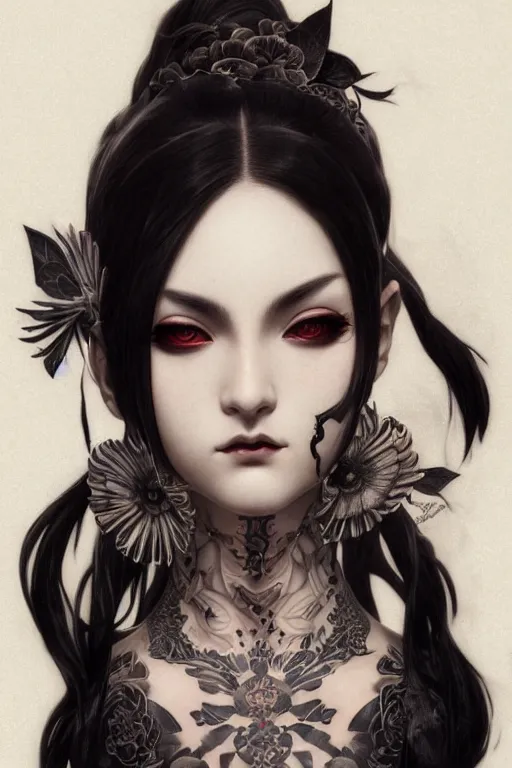 Prompt: portrait of goth yakuza girl tattoos, intricate, elegant, highly detailed, digital painting, artstation, concept art, smooth, sharp focus, illustration, art by artgerm and greg rutkowski and alphonse mucha and william-adolphe bouguereau