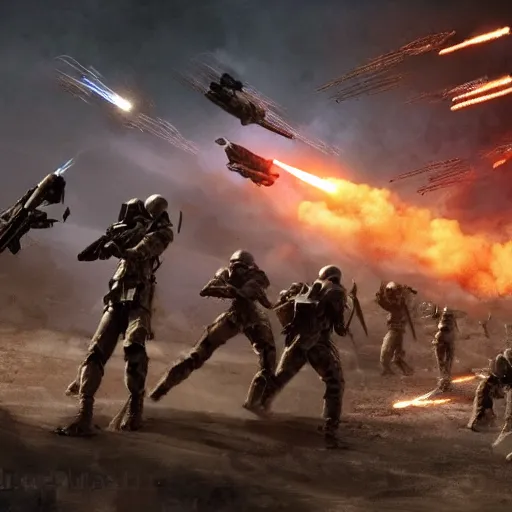 Image similar to science - fiction futuristic apocalyptic war scene with explosions, soldiers shooting