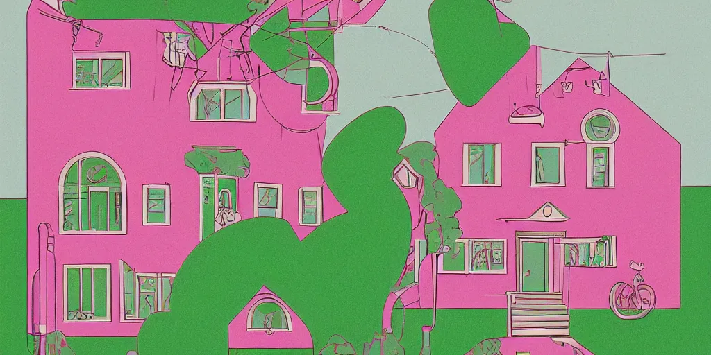 Prompt: a pink and green illustration of a house, a storybook illustration by muti and tim biskup, featured on dribble, arts and crafts movement, behance hd, storybook illustration, dynamic composition