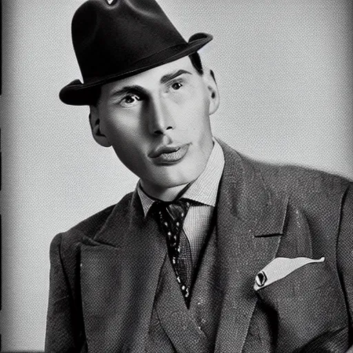 Image similar to A photograph portrait of Jerma985 wearing a suit with and fedora in the 1940s, taken in the early 1940s, grainy, taken on a 940s Kodak Camera, realistic, hyperrealistic, very realistic, highly detailed, very detailed, extremely detailed, detailed, digital art, trending on artstation