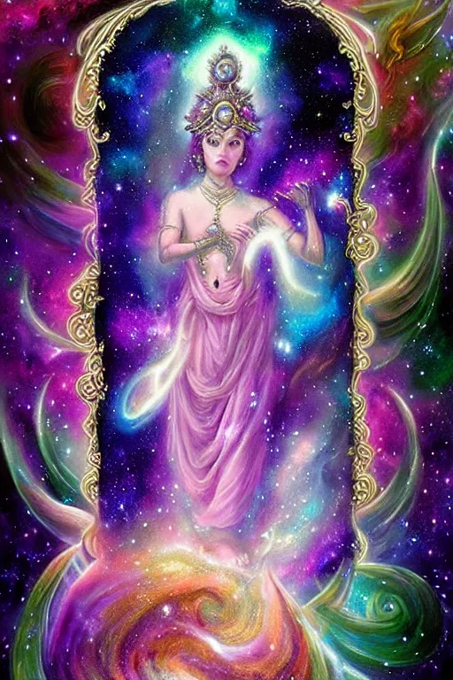 Prompt: Full view realistic ethereal stunning Immortal Gods of cosmic nebula in a beautiful dress, 4k digital painting masterpiece, ornate Iconography background in the style of Barbara Meiklejohn-Free & Flavia Kate Peters, tarot card, cool, magnificent, mystical, Hyperdetailed, award winning art, , wlop, Pinterest, detailed and realistic, soft lighting, intricate details, realistic, full view, Artstation, CGsociety