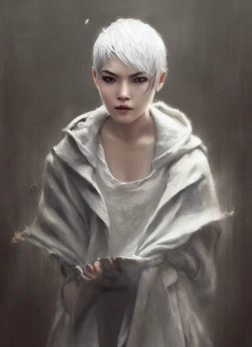 Image similar to girl with short white hair, tattered grey cloak, asian rice hat, beautiful highly detailed face, beautiful painting by artgerm and greg rutkowski and raymond swanland