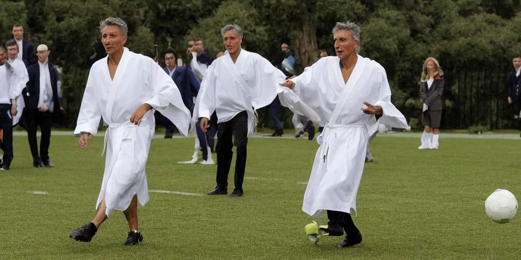 Image similar to Mauricio Macri playing football with judges in robes