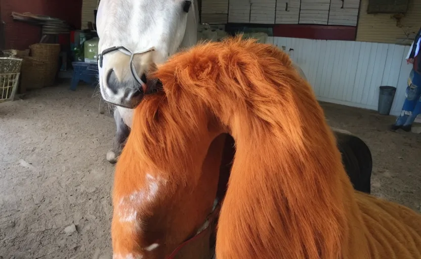 Image similar to peter the sweet potato. peter looking at camera horse half cat