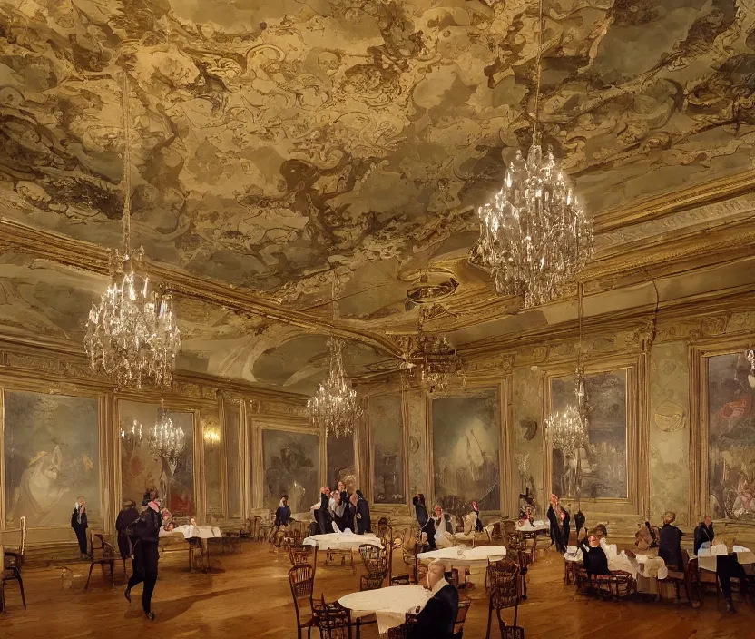 Prompt: A 19th century ballroom filled with classy classical people dancing to music with 19th century paintings, portraits, and furniture within the giant big tall and long room, uncanny, very mystical, very distorted, distorted perspective, steampunk, very nostalgic, very melancholic, dramatic angle, rotoscoped, rotoscope, photoshop, photomanipulation, realism, painting, illustration and sketch, weird scribbles, hybrid styles, hybrid art styles, mismatched, trending on artstation, trending on deviantart, weird, quirky, interesting, very detailed, highly detailed, HD Quality, 4k resolution, 8k resolution, in the style of David Firth, in the style of James Lee, in the style of Drue Langlois,