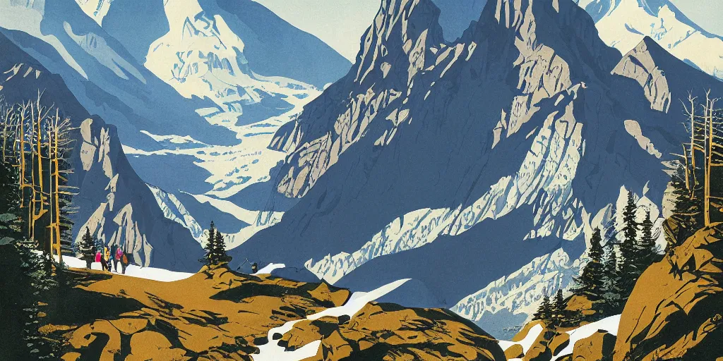 Image similar to beautiful idyllic poster illustration for a craggy snow valley national park by ludwig hohlwein