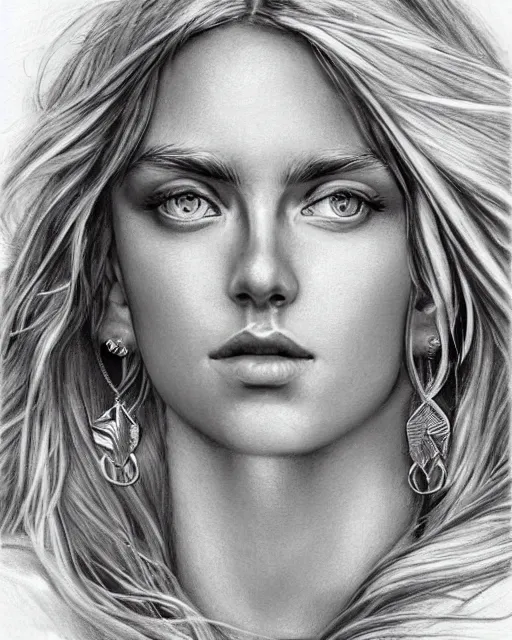 Prompt: pencil drawing of beautiful greek goddess aphrodite with arrowhead jewelry, beautiful piercing eyes, beautiful blonde hair flying in the wind, hyper realistic face, in the style of greg rutkowski, fantasy, amazing detail, epic, elegant, smooth, sharp focus, from the front