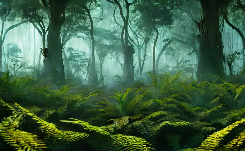 Image similar to a beautiful render of a dark prehistoric fern forest, lush flora, patches of yellow sky, dark green leaves, blue shadows, intricate detail, hazy, humid, volumetric lighting, 8 k, photorealistic, raytracing effects, unreal engine 5