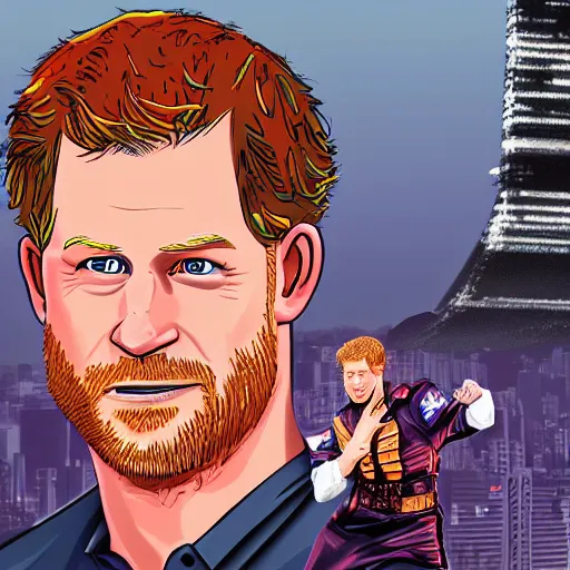 Prompt: 5 5 mm giant prince harry attacks tokyo illustration in technicolor by artgerm