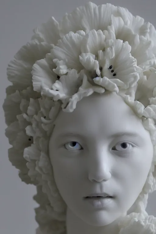 Image similar to close up of full head and shoulders, beautiful female porcelain sculpture by daniel arsham and raoul marks, smooth, all white features on a white background, delicate facial features, white eyes, white lashes, all twisted around, detailed white 3 d giant poppies on the head