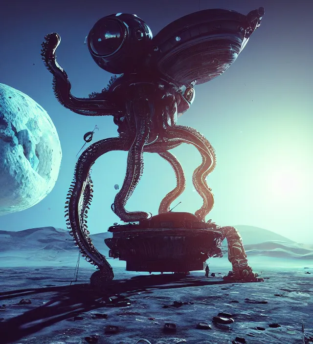 Prompt: giant alien robot octopus on the moon looking at planet earth hyper realism, cinematic, dramatic ambient lighting, octane render, unreal engine, 8 k, 3 d render, digital art, deviantart artstation, ray tracing,