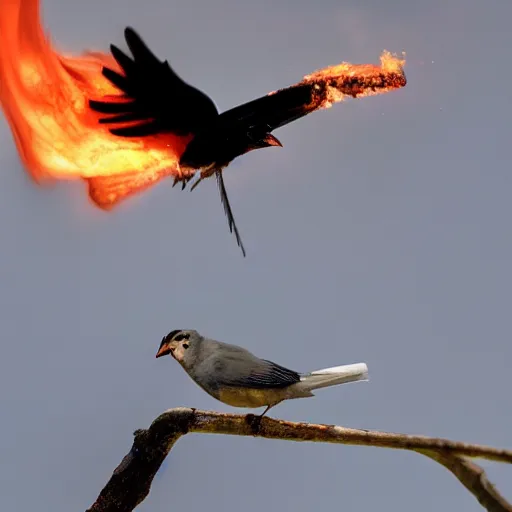 Prompt: a bird shooting fire on other birds out of its rear end, 8 k