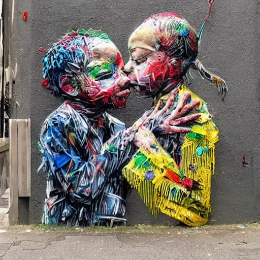 Image similar to a street art of thread connecting brother and sister by bordalo