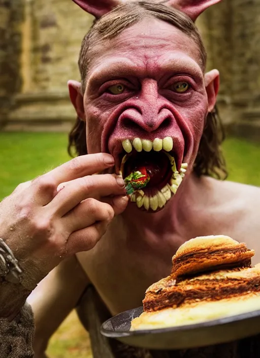 Image similar to closeup portrait of a medieval goblin eating cakes in the cloisters, depth of field, zeiss lens, detailed, symmetrical, centered, fashion photoshoot, by Annie Leibovitz and Steve McCurry, David Lazar, Jimmy Nelsson, Breathtaking, 8k resolution, extremely detailed, beautiful, establishing shot, artistic, hyperrealistic, beautiful face, octane render