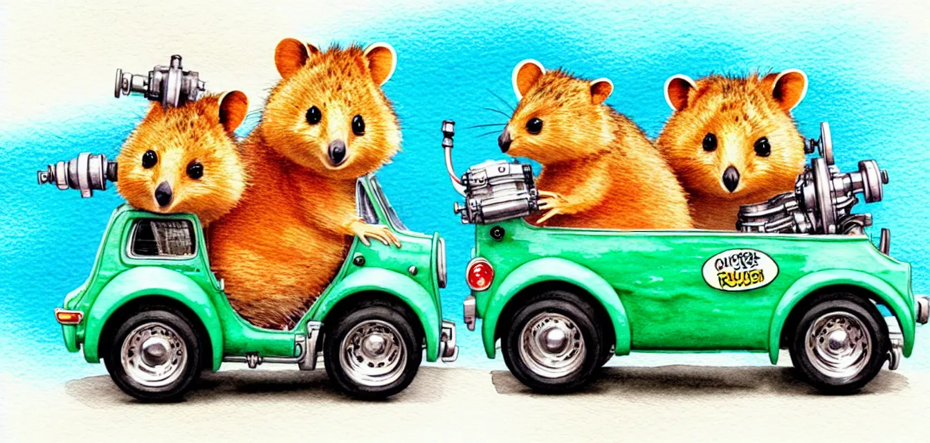 Image similar to cute and funny, quokka riding in a tiny hot rod with oversized engine, ratfink style by ed roth, centered award winning watercolor pen illustration, isometric illustration by chihiro iwasaki, edited by range murata, tiny details by artgerm and watercolor girl, symmetrically isometrically centered