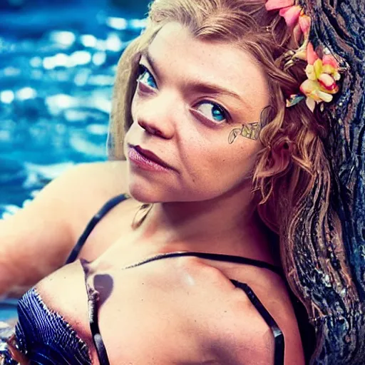 Prompt: natalie dormer as water goddess, beautiful tattoos tiny bikini and miniskirt, highly detailed award winning fantasy photography, d & d, backlit with colorful highlights