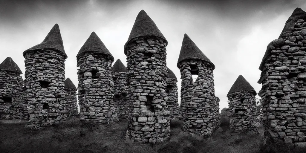 Image similar to long and tall organic stone houses, stone village, jungle, black and white photography, year 1 9 0 0, artstation, digital art