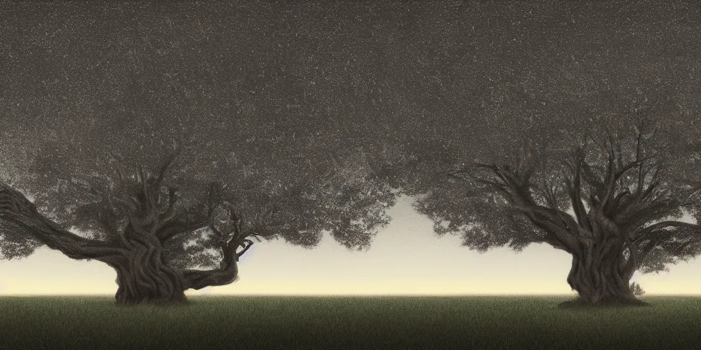 Prompt: Enormous, extremely complex singular tree with very wide canopy centered during twilight, tonalism style, trending on Artstation, 8k, 4k, high-res, digital art