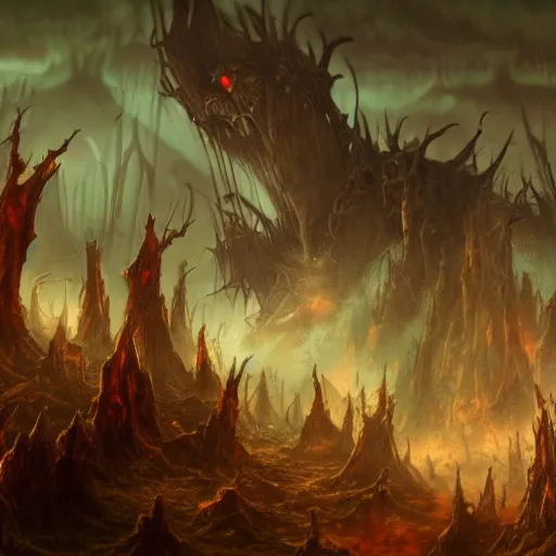 Prompt: vecna, demonic alien hellscape in the background, atmospheric, ominous, 8 k, award winning photography