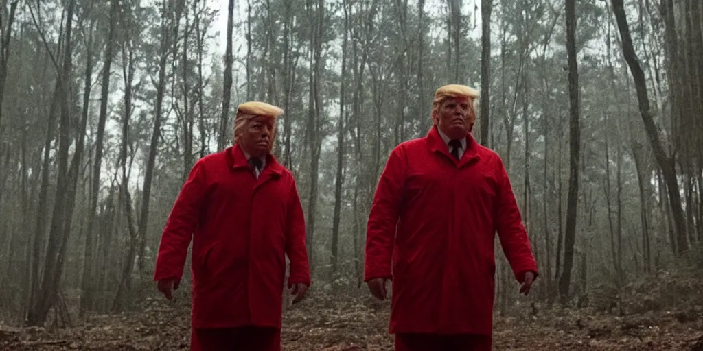 Prompt: movie still of donald trump in mandy ( 2 0 1 8 ) directed by panos cosmatos, film grain, night time, red glow, interior log cabin, cult meeting