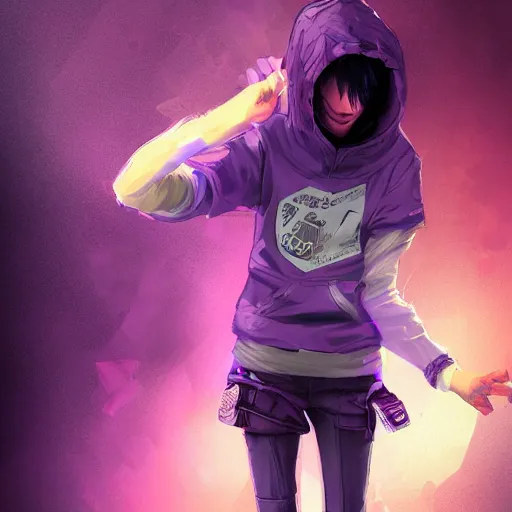 Image similar to a pale skinny young girl with purple hair, the hime cut, 1 8, in a black hoodie, and a cat, apex legends character, digital illustration portrait design, by android jones and greg rutkowski, retrowave color scheme, detailed, cinematic lighting, wide angle action dynamic portrait