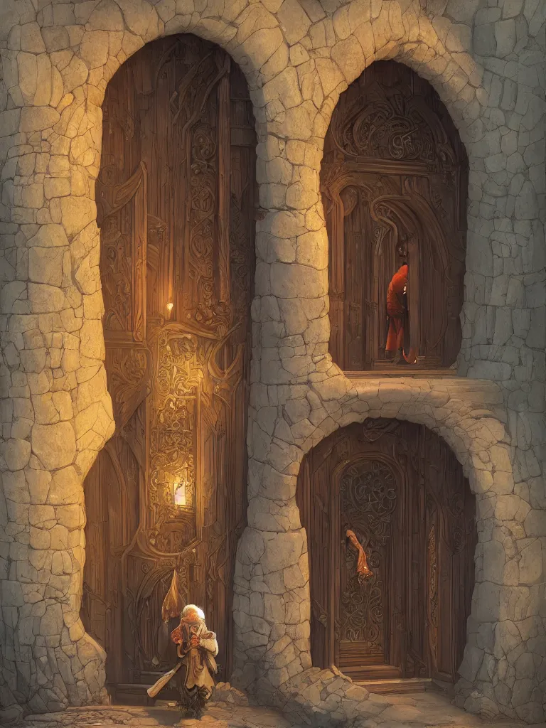 Image similar to an old wizard holding a book stands in front of an elaborate arched wooden door. stone steps lead up to the door. by mike allred and moebius and karol bak sharp digital painting. dreaming latent space. matte painting, concept art. artstation. digital render. realistic, 8 k