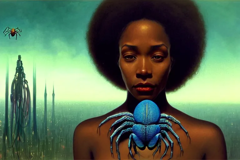 Image similar to realistic detailed photorealistic portrait movie shot of a beautiful black woman with a giant spider, sci fi city landscape background by denis villeneuve, amano, yves tanguy, alphonse mucha, ernst haeckel, david lynch, edward robert hughes, roger dean, cyber necklace, rich moody colours, wide angle