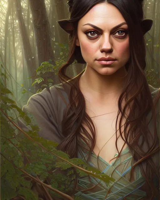 Prompt: symmetry portrait of mila kunis princess, forest background, intricate, elegant, highly detailed, digital painting, artstation, concept art, smooth, sharp focus, illustration, art by artgerm and greg rutkowski and fra angelico and alphons mucha