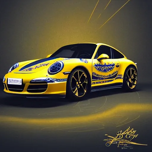 Image similar to black blue yellow porsche 9 1 1, complicated gold and blue flowers the baroque style decoration, dark fantasy, intricate, elegant, highly detailed, digital painting, artstation, concept art, matte, 3 d 8 k octane rendered, sharp focus, illustration, octane rendered, art by artgerm