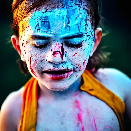 Prompt: 100mm bokeh realistic outdoors photo of a child with various vivid colors of pain smeared on their face, eyes closed, sunset behind them, HDR cinematic lens