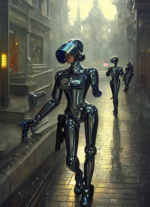 Prompt: robotic police in hood smashing people, d & d, wet, shiny, fantasy, intricate, elegant, extremely higly detailed, ultra definition, digital painting, artstation, anatomical perfection, baroque, journalism photo, unreal engine 5, concept art, smooth, sharp focus, illustration, art by artgerm and greg rutkowski and alphonse mucha