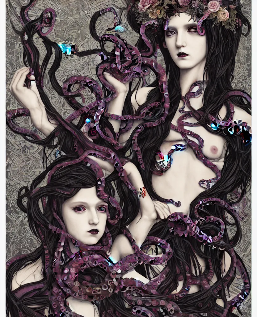 Prompt: non - binary figure, fallen angel, chains, serpent, octopus tentacles, leather, bismuth, flower crown, style mix of peter chung, shepard fairey, botticelli, vatican, preraphaelites, shoujo manga, dark and moody atmosphere, gradients, superfine inklines, tarot, seance, forbidden mystery rite, 4 k photorealistic