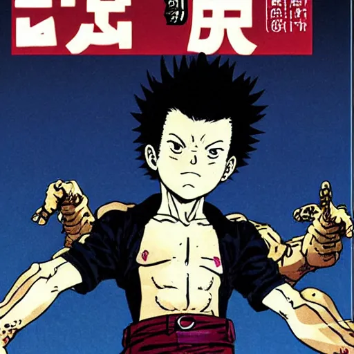 Image similar to young boy angry with pompadour hair, art by katsuhiro otomo, tetsuo hara, yusuke murata, jotaro kujo, japanese delinquent, similar to metal bat from one punch man, kuwabara hairstyle, akira kongou, banchou, action pose, manga cover